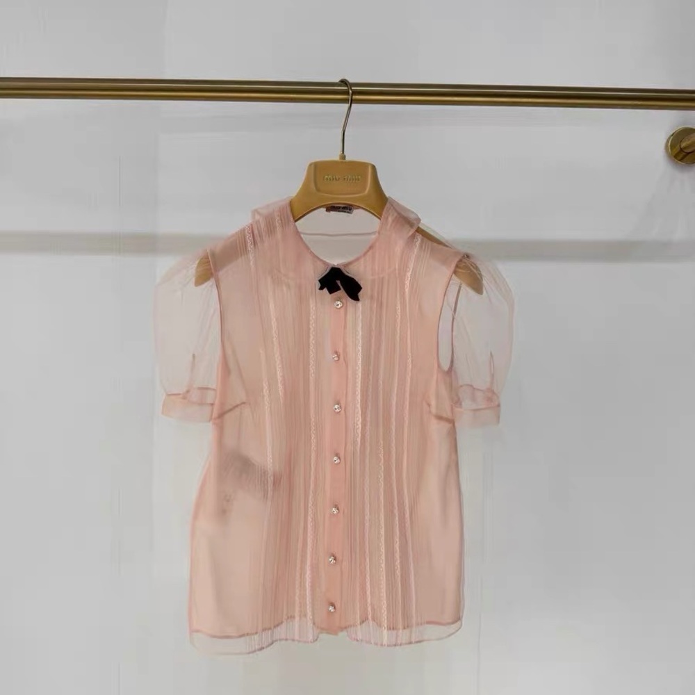 🚩steal Miu Miu Sheer Pink Blouse with Black Accent